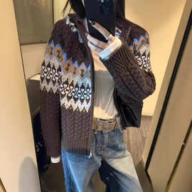 厂家百搭上衣风潮流提花立领撞色加厚纯羊毛开衫女毛衣外套
