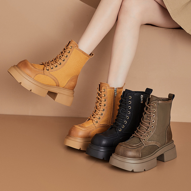 2025 Autum New Canvas Splicing Rhubarb Boots for Women Korean Style Side Zipper Thick-Soled Boots for Women Casual Small Size Women 2025 Autum New Canvas Splicing Rhubarb Boots for Women Korean Style Side Zipper Thick-Soled Boots for Women Casual Small Size Women