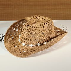 夏の男性と女性のためのウエスタンカウボーイハット、屋外の大きなつばの中空サンシェード麦わら帽子、ファッショナブルで通気性のあるジャズハット