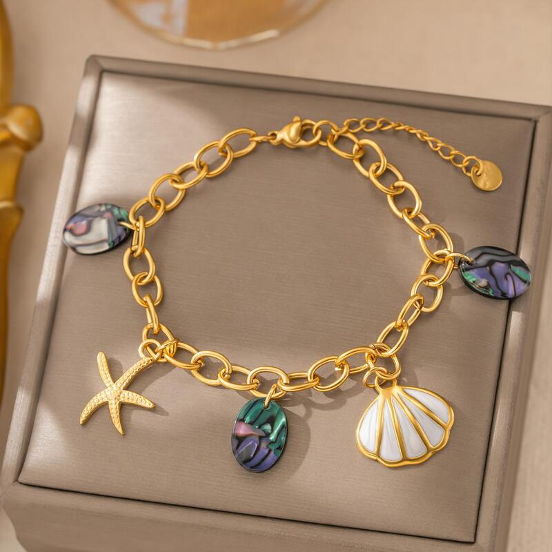 Stainless Steel Ocean-Style Charm Bracelet with Starfish, Shell, Abalone, and Mother-Of-Pearl Pendants, Gold-Colored Thick Chain, Waterproof and Non-Fading