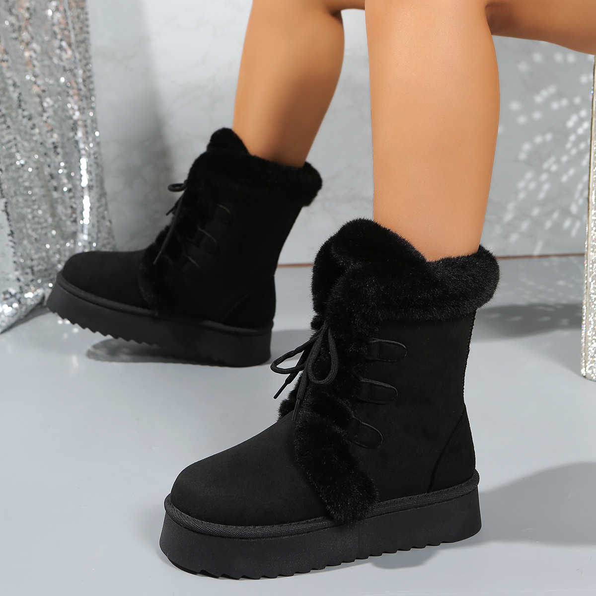 2025 Herbst/Winter Schneeschuh für Damen, fleecegefüttert, dicke Sohle, höhenverstärkend, mit integriertem Schaffell, Nordosten_voghion.com
