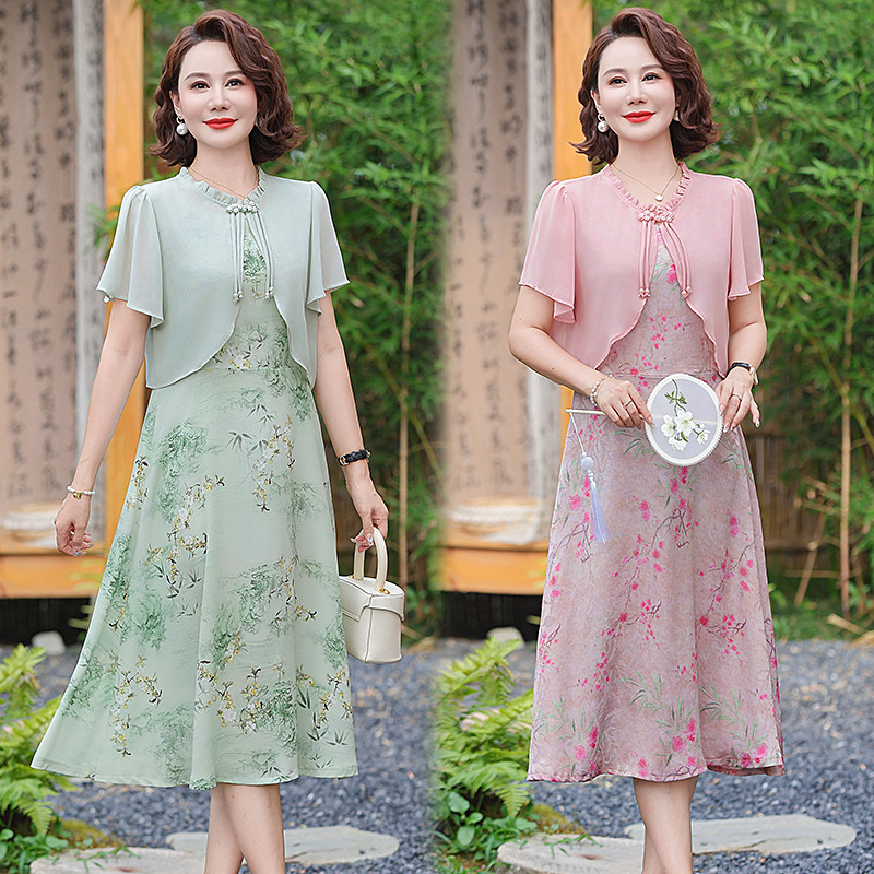 新中式妈妈夏装连衣裙2024新款气质中老年夏季国风两件套装裙子女