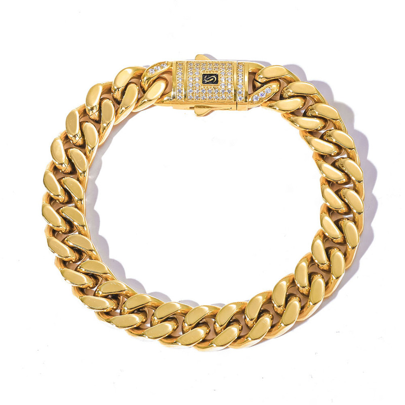 Cross-Border European and American Stainless Steel Four-Sided Polished Cuban Chain with Diamond Clasp 14K Gold Men's Bracelet High-End Hip-Hop Jewelry
