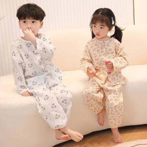 Children's sleepwear set baby cartoon pure cotton gauze for boys and girls, 9/10 sleeve home clothes for girls