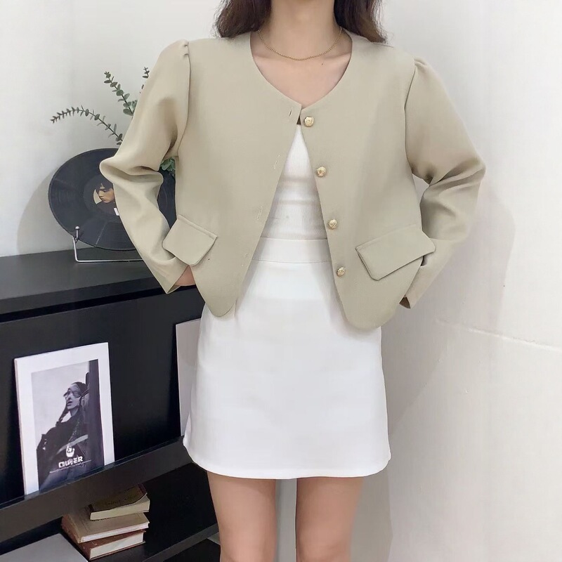 Elegant Round Neck Puff Sleeve Short Blazer for Women 2025 New Versatile Chanel-Style Top