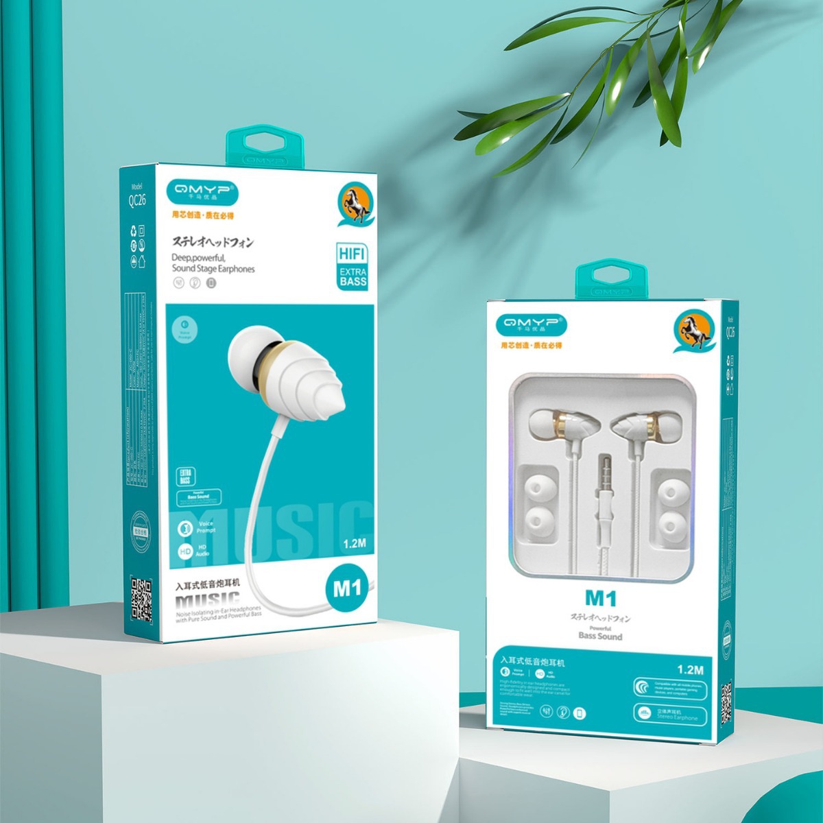 QMYP 3.5mm round hole wire-controlled headphones type in-ear heavy bass listening and talking music wired earplugs