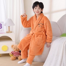 冬季双面玫瑰绒提花儿童保暖睡袍卡通绣花男女中大童家居服长袍套