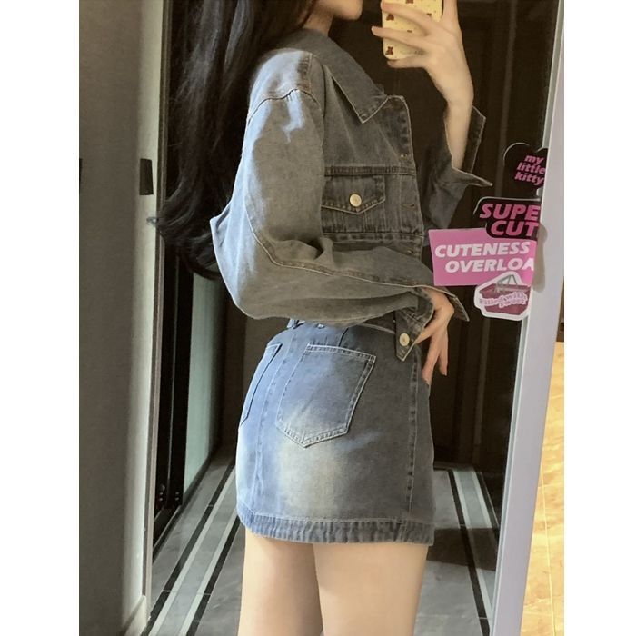 美式复古辣妹牛仔套装女秋港风工装短款外套+高腰包臀短裙两件套