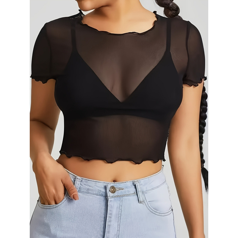 Women's Summer Short Sleeve Top - Semi-Transparent Mesh Ruffled Black Pullover Fashionable Sexy Top T-Shirt
