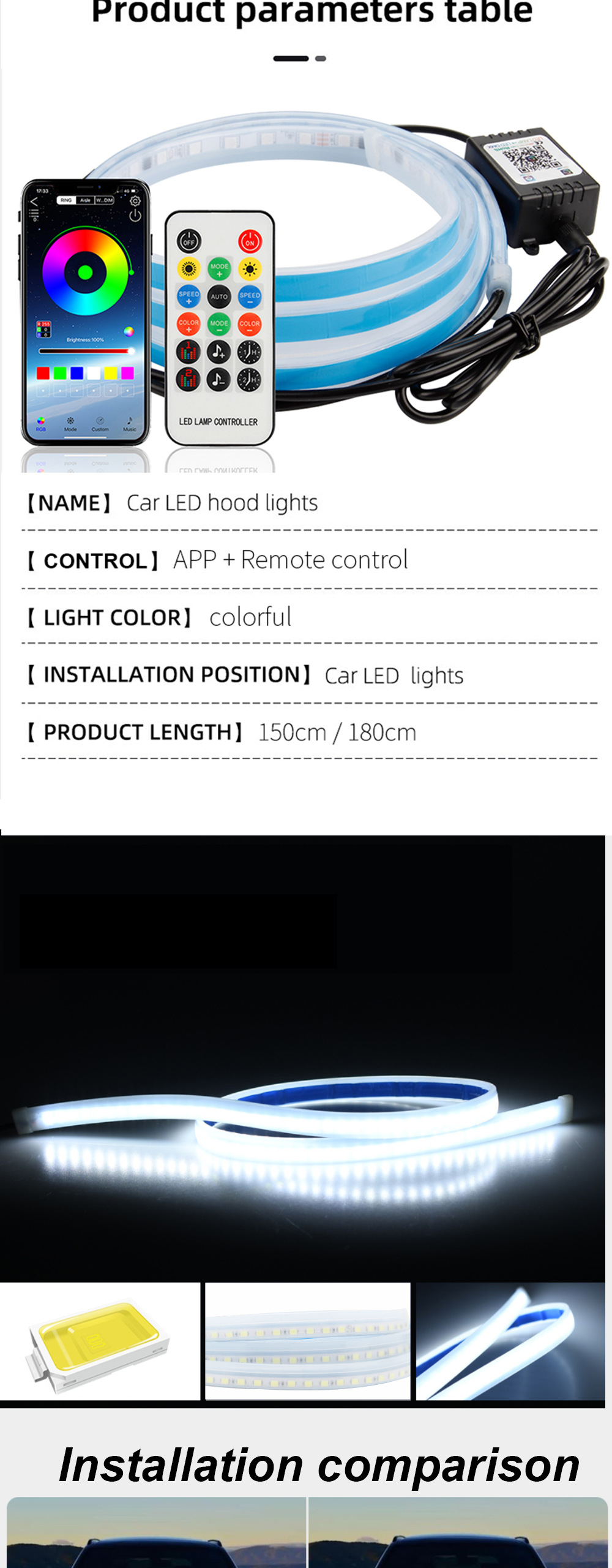 Hot-selling modified through daytime running light cover lamp led car super bright light guide strip magic color Machine cover atmosphere lamp
