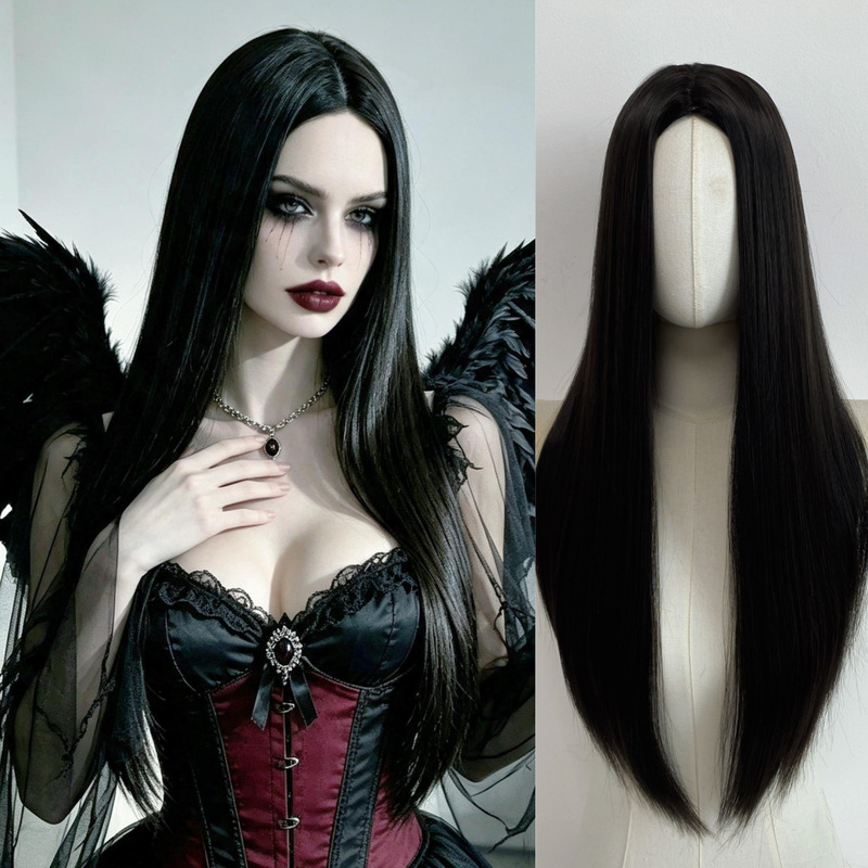 Cross-border black middle-parted long straight hair gothic dark angel Halloween cosplay wig, everyday black long straight full head wig Cross-border black middle-parted long straight hair gothic dark angel Halloween cosplay wig, everyday black long straight full head wig