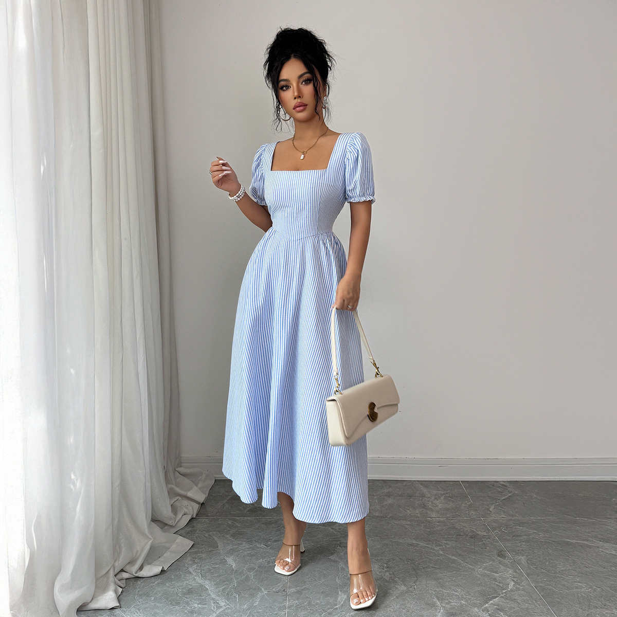 Elegant Blue White Striped Dress Puff Sleeves Women's Spring Summer_ecoleips.com