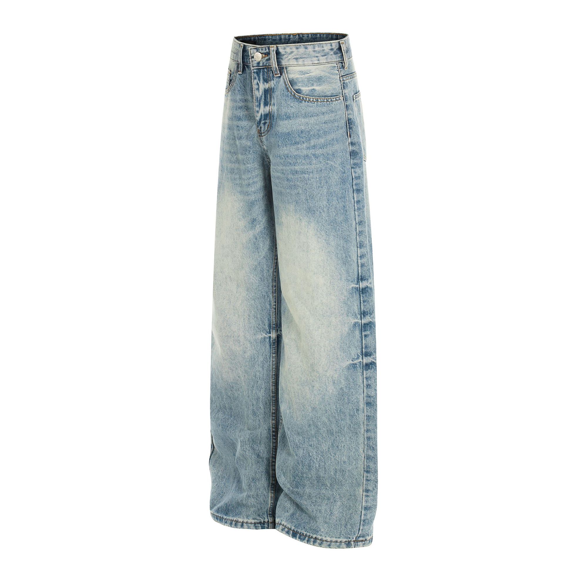 Men's High Street Vintage Washed Denim Jeans Relaxed Fit Cat Whisker Slight Curve Design_mkmklike.com