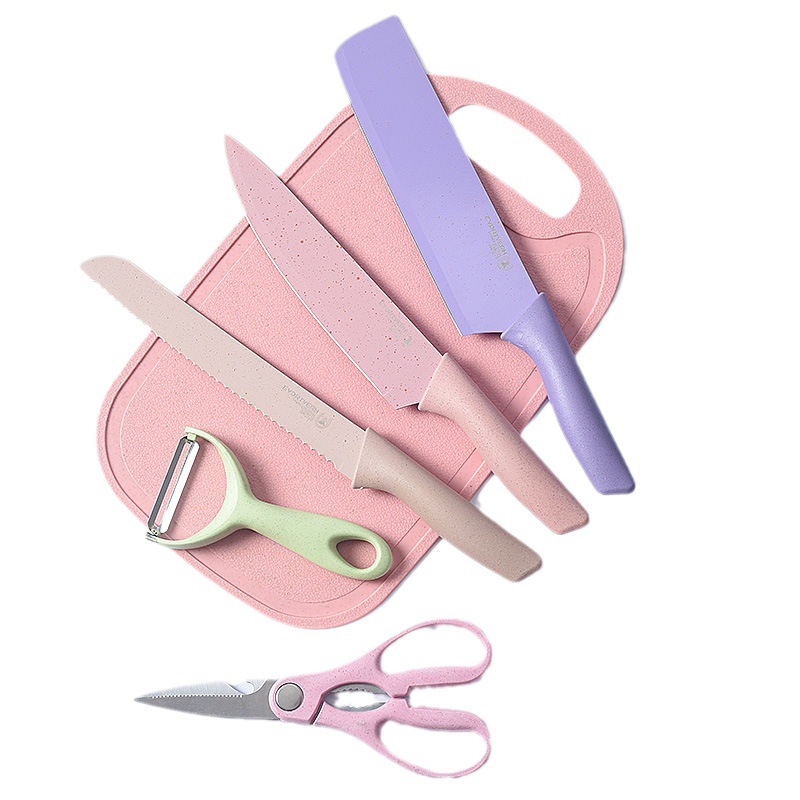 Macaron color traje de cuchillo de cocina de acero inoxidable cuchillo de cocina del hogar paja de trigo traje de cuchillo de chef de 7 piezas