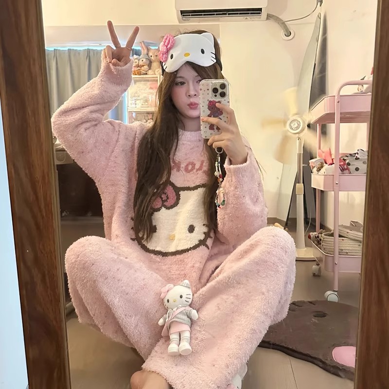 2025新款卡通凯蒂猫珊瑚绒睡衣女秋冬季少女心加厚保暖家居服套装