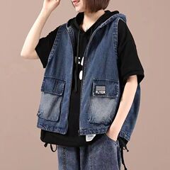 大码码洋连帽牛仔马甲女连帽春秋新款韩版宽松文艺休闲拉链外套