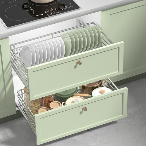 【Factory Wholesale】True 304 stainless steel pull-out basket kitchen cabinet drawer double-layer bowl rack bowl and plate basket with water receiving