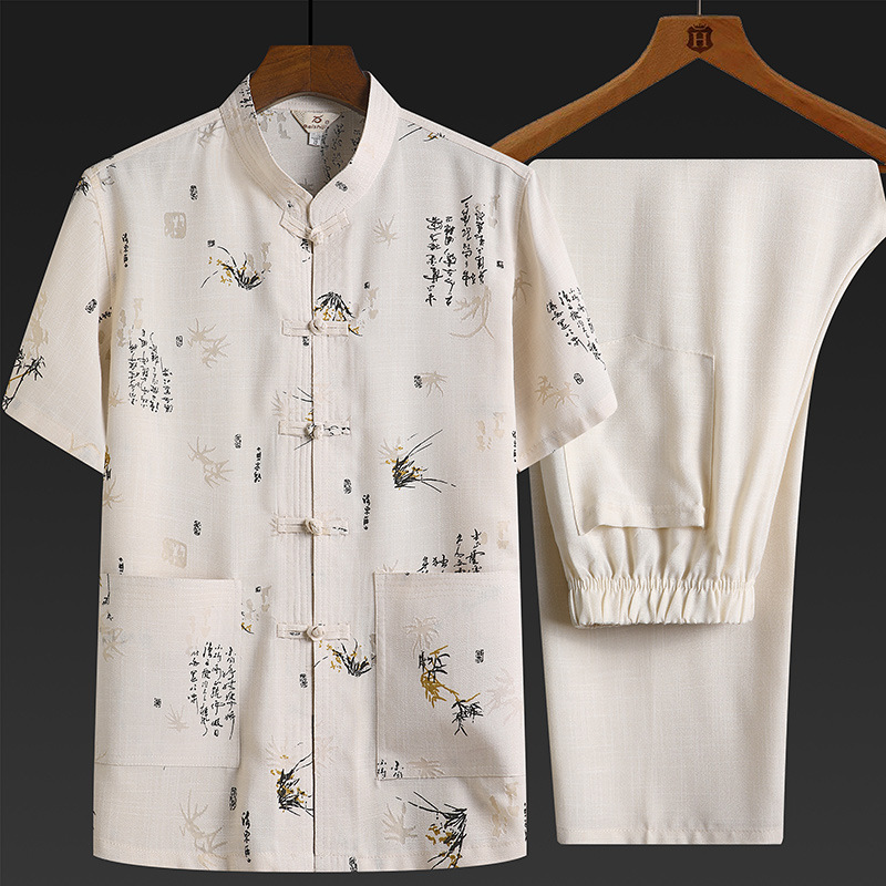 Summer New Men's Cotton and Linen Tang Suit Short-Sleeve Set, Chinese-Style Buttoned Loose Casual Outfit for Dad Summer New Men's Cotton and Linen Tang Suit Short-Sleeve Set, Chinese-Style Buttoned Loose Casual Outfit for Dad