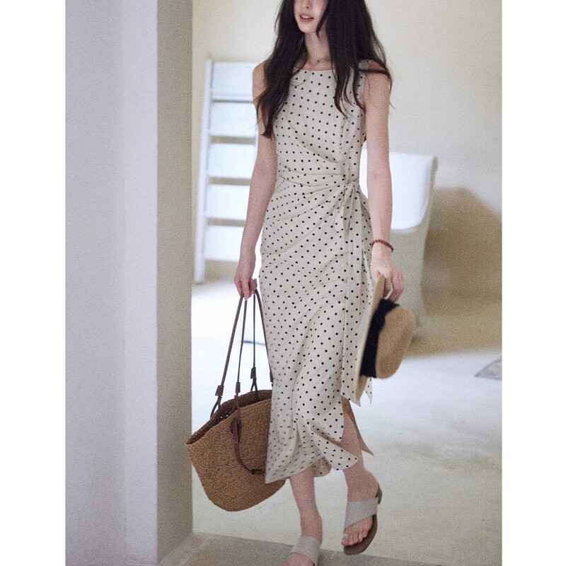 Design [Songjianyue] High-End Elegant Polka Dot Dress Women's Side Waist Linen Cotton French Long Skirt