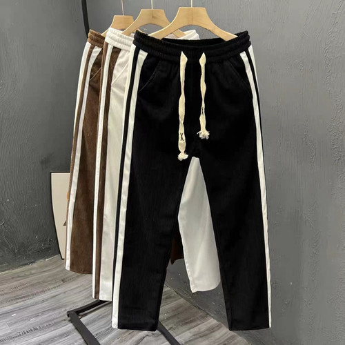 Men's Velour Track Pants for Autumn/Winter, Street Style, Draped, Trendy Brand, Straight Leg, Versatile Striped Casual Long Pants