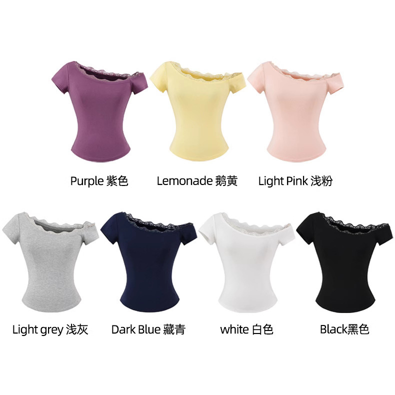European and American Spice Girl Lace Stitching Sweet Slant Shoulder Short-sleeved T-shirt Women's Summer Shoulder Slim-fit Slimming Knitted Small Top