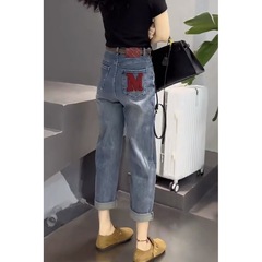 梨型身材哈伦牛仔裤女春新款胖mm窄版阔腿裤大码显瘦宽松老爹裤子