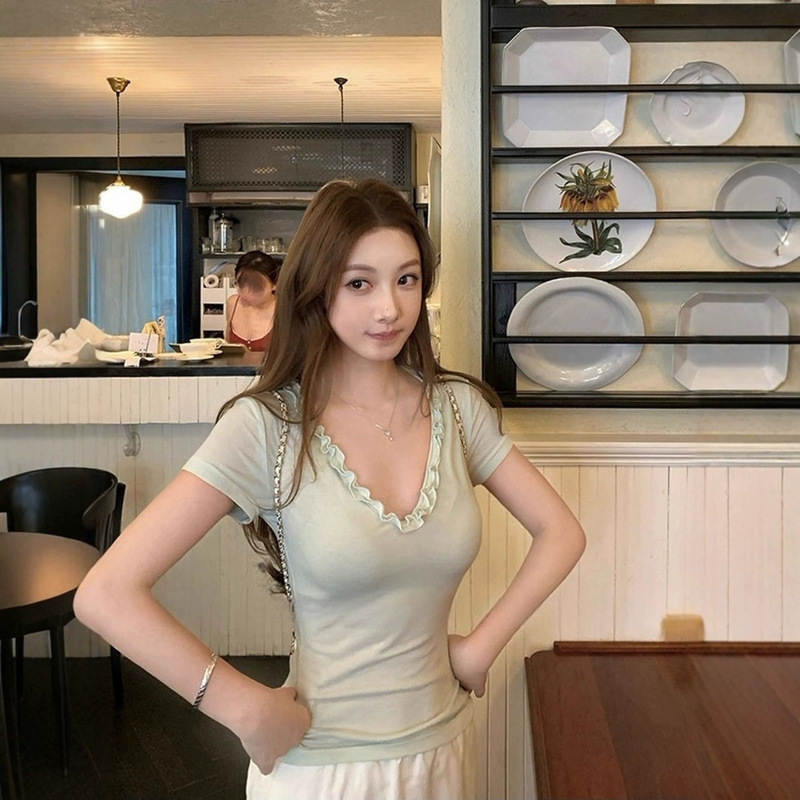 木耳レース軽量Vネックスリムフィット半袖Tシャツ夏レディース韓国版夏ホットガール半袖無地多用途|undefined