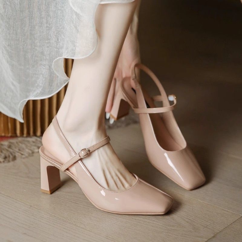 Mary Jane Sandals for Women with Thick Heels, New Style, Simple and High-End, Nude Pink, Summer Hollow Back Square Toe High Heels for Women