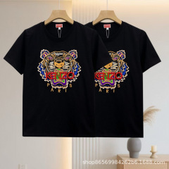 KE N タイガーヘッド カップルスタイル レター刺繍 タイガーヘッド ラウンドネック 半袖 Tシャツ ドロップシッピング用