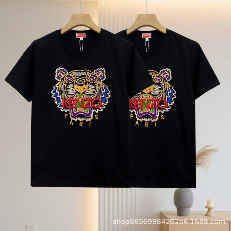 KE N タイガーヘッド カップルスタイル レター刺繍 タイガーヘッド ラウンドネック 半袖 Tシャツ ドロップシッピング用|undefined