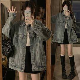 K4H实拍设计感拼接普洗蓝牛仔外套女2025春季新款宽松韩版上衣潮