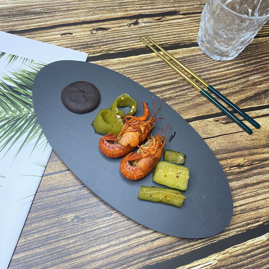 Estilo japonés y coreano retro forma ovalada Placa de roca de lujo ligero japonés sushi Placa de barbacoa plato de restaurante occidental plato de carne