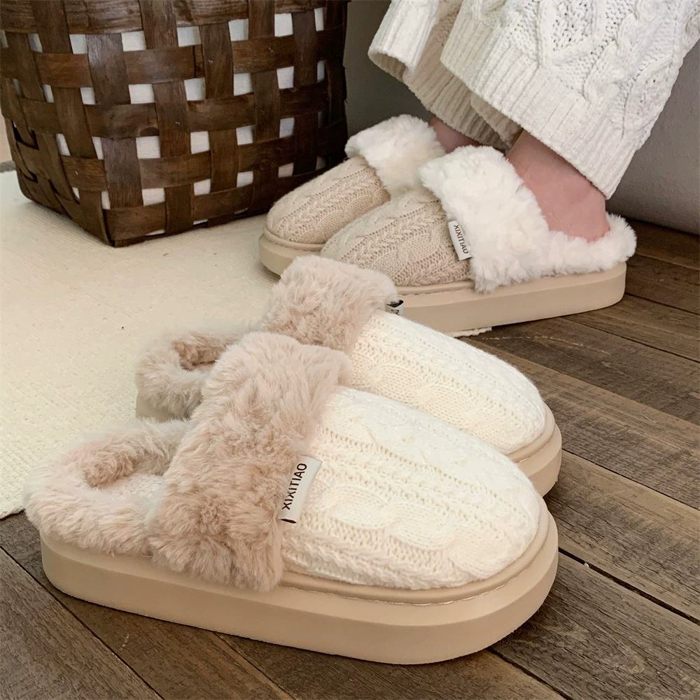 Новые женские домашние тапочки из плюша и хлопка в стиле ретро, осенне-зимние вязаные шерстяные тапочки из крученого хлопка, модель 2025 года, в стиле INS