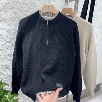 Zhuoxi 2025 Winter New (Hx) Original Style Original Fabric Men's Half-Zip Ribbed Texture Lazy Style