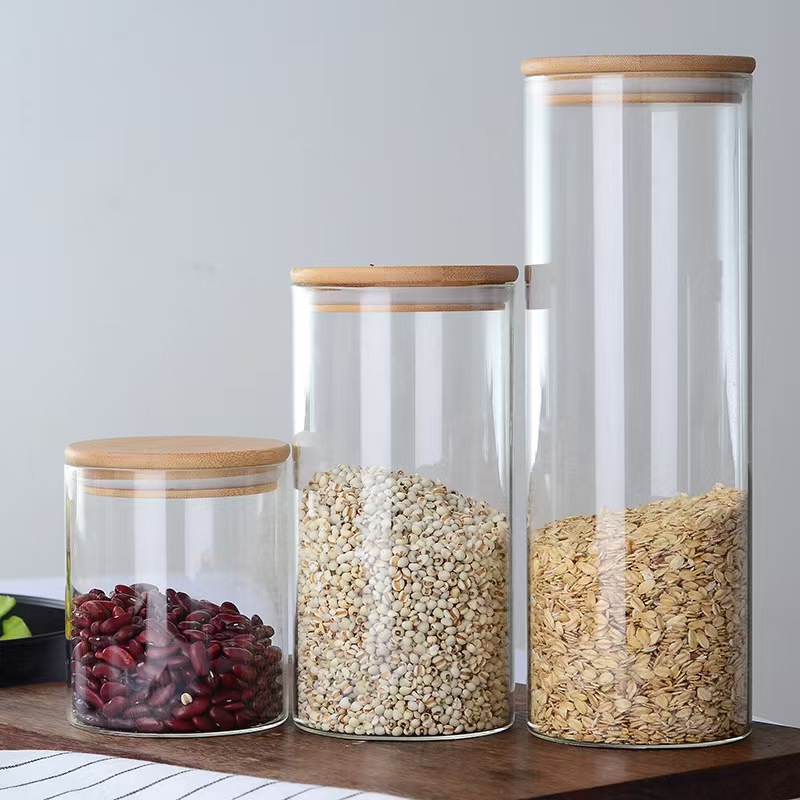 Tanque de almacenamiento de vidrio transparente con alto contenido de borosilicato, tanque sellado, tanque de té para el hogar, tanque de tapa de bambú, tanque de almacenamiento de múltiples especificaciones