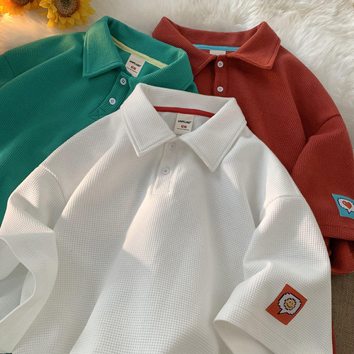 Heavyweight Waffle Short-Sleeve Men's Trendy Independent Brand Design-Focused Label POLO Shirt T-Shirt Loose Fit Versatile Half-Sleeve Top