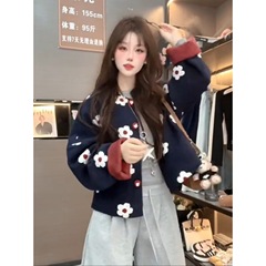 韩版撞色立体花朵外套女2025秋冬新款宽松百搭洋气显瘦小香风上衣