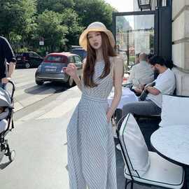 仲夏晴海淡人氧气感蕾丝拼接条纹无袖长裙夏日精美减龄高端连衣裙