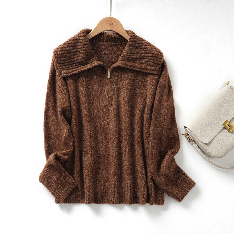Lp's New Autum Women's Classy Sheep Wool and Camel Velvet Knitwear Women's High Collar Zipper Soft Waxy Loose Knitwear
