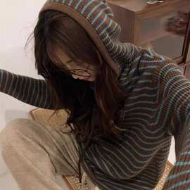 秋冬连帽全羊毛衫女宽松慵懒风条纹毛衣针织打底带帽卫衣百搭上衣
