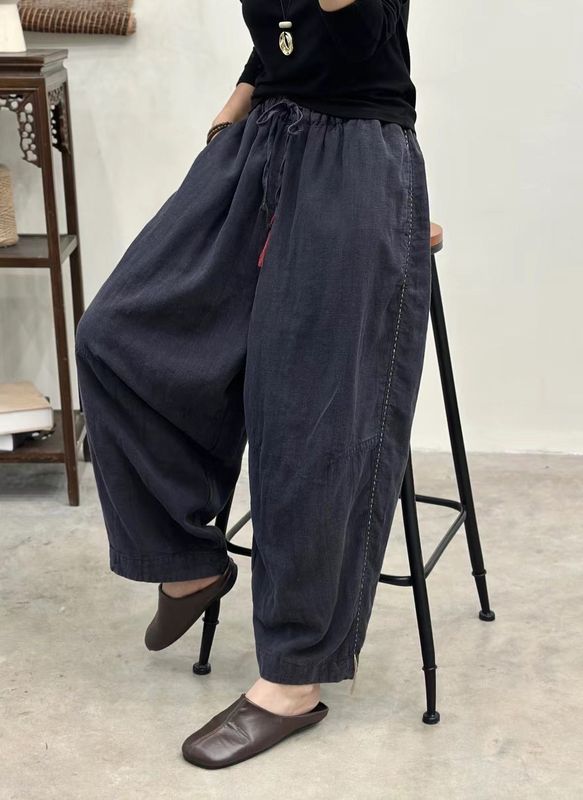 亚麻裤女秋季新款复古文艺砂洗休闲宽松灯笼哈伦裤休闲裤子女|undefined