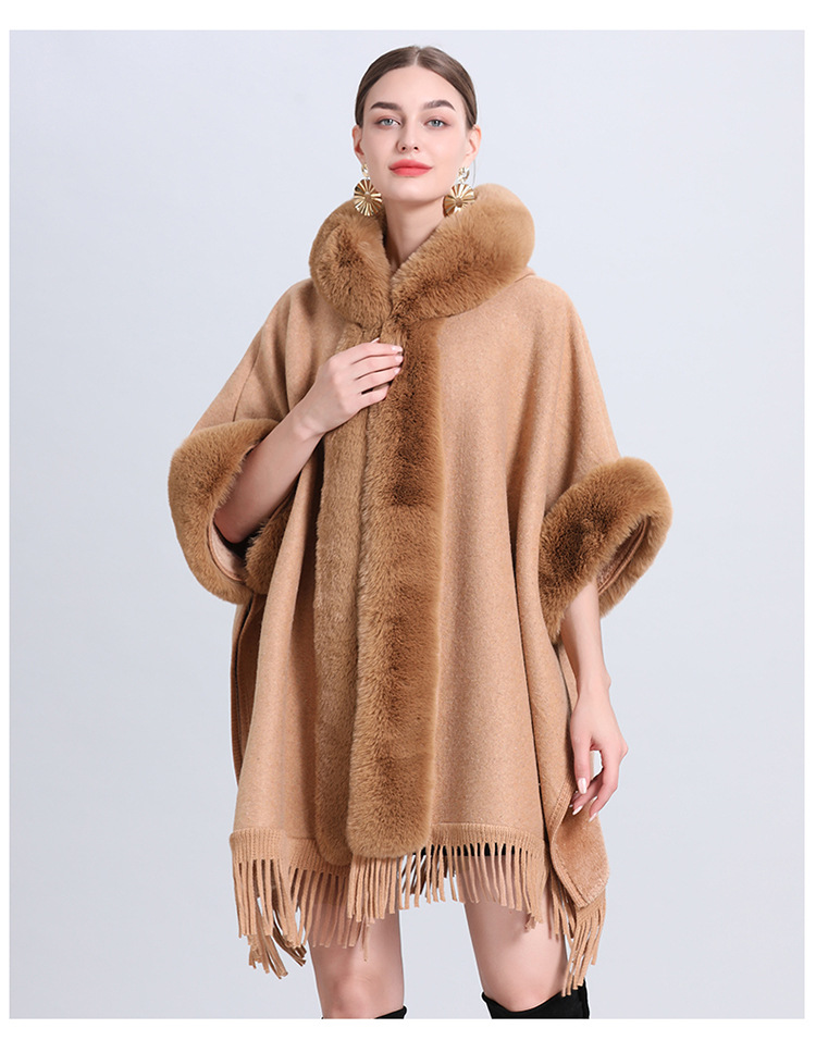 Loose a Fleece décke Wollkragen mat Kapuzenfransen gestrickte Schal Cape Plus-Size Wollmantel_voghion.com
