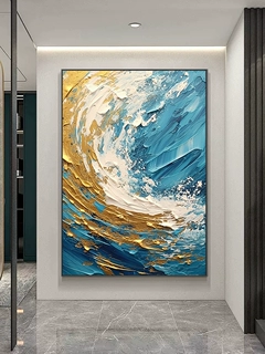 手绘油画金色浪花玄关装饰画现代轻奢客厅背景墙抽象大幅肌理挂画