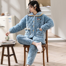 冬季三层夹棉睡衣女开衫加绒加厚宽松保暖女士家居服棉袄套装冬天