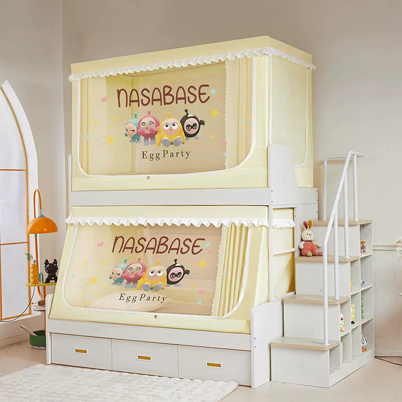 儿童子母床蚊帐上下铺防摔遮光三开门书架款全包一体式防蚊罩宿舍