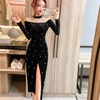 Mesh nail bead slit velvet A-line dress party dress long sleeve dress