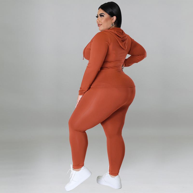 Plus Size Women's Clothing Solid Color Hooded Long Sleeve Fashion Casual Set Autumn Wear_ecoleips.com
