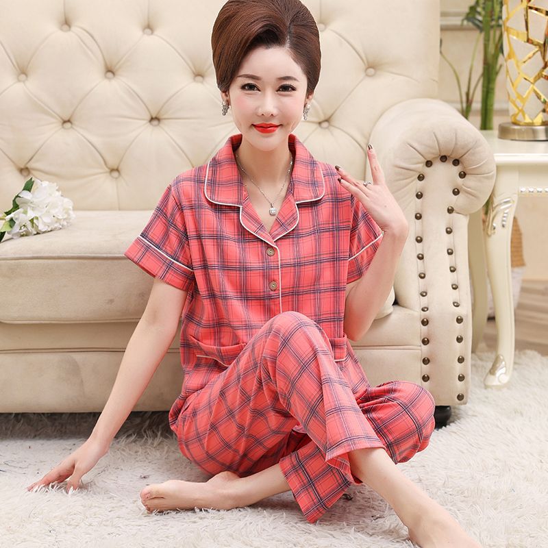 Pijama mujer de mediana edad y anciana suegra 100% algodón manga corta primavera y verano traje Delgado cardigan suelto más tamaño