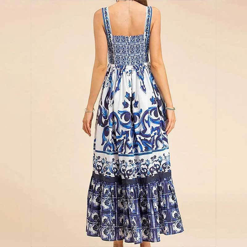 Polyester Fabric Type Women's Clothing Autumn New Pattern Print Square Collar Suspender Skirt Pleated Slim High Waist Dress Women