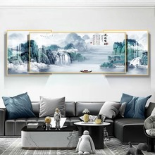 客厅山水聚财画客厅装饰画叠加三联鸿运当头沙发背景墙壁挂画大气